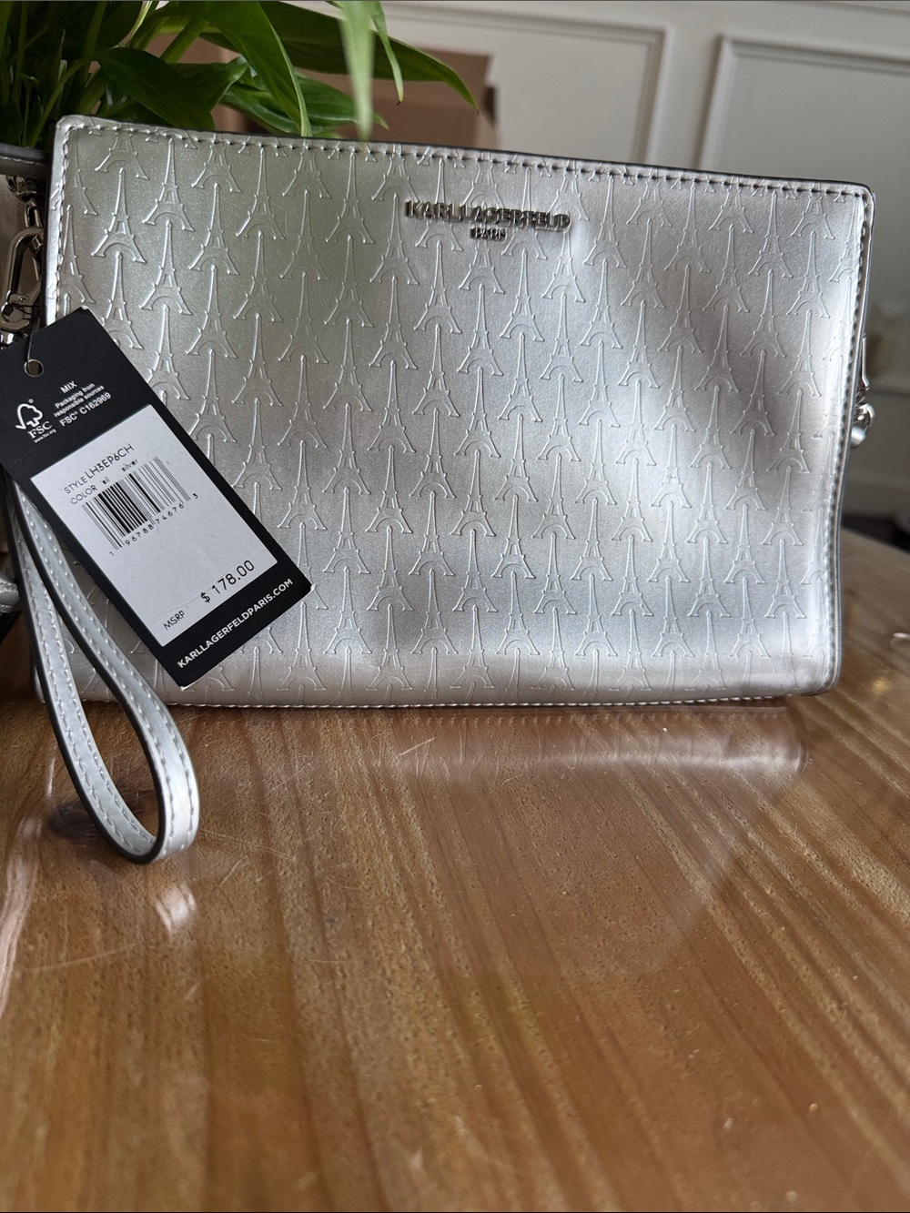 Karl Lagerfeld Metallic Silver Embossed Wristlet Clutch